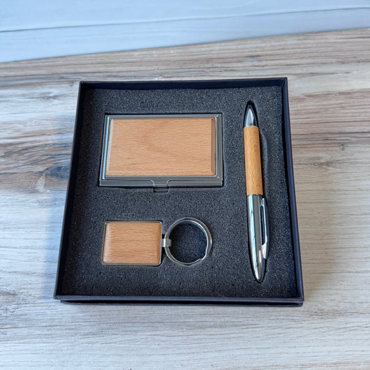 Silver/Wood Finish Gift Set with Business Card Case, Pen & Keychain