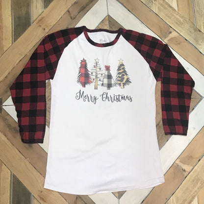 Merry Christmas Trees Plaid Sleeves Raglan